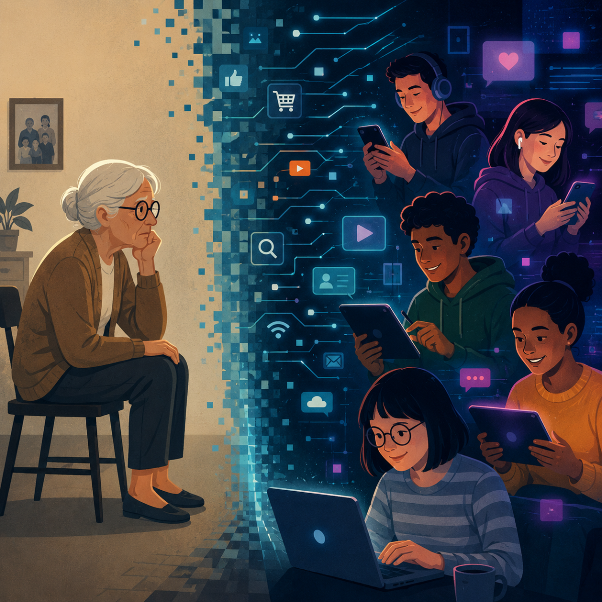 AI age gap illustration of elderly person facing digital technology barrier Apply directly in the Media Library / Image Alt Text field.