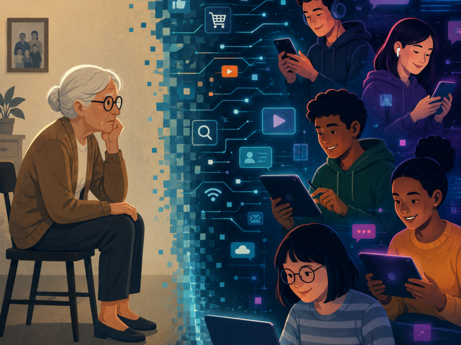 Elderly person looking uncertainly at a smartphone or tablet screen displaying an AI interface, representing the digital divide facing older adults