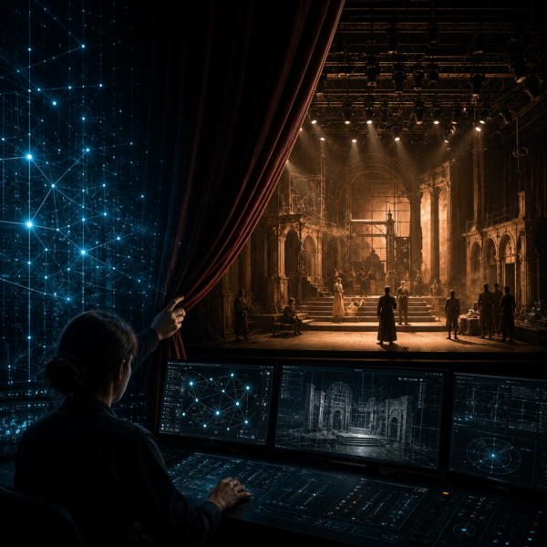 Stage with AI-generated light projections and digital overlays across performers, representing algorithms directing theatre lighting and design
