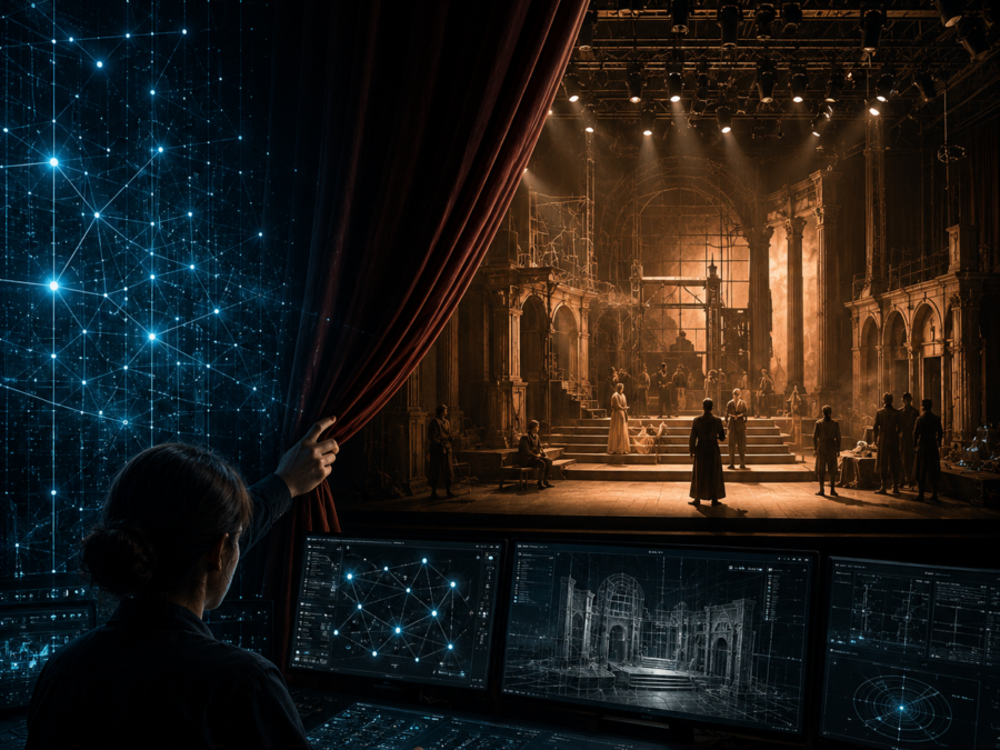 Stage with AI-generated light projections and digital overlays across performers, representing algorithms directing theatre lighting and design
