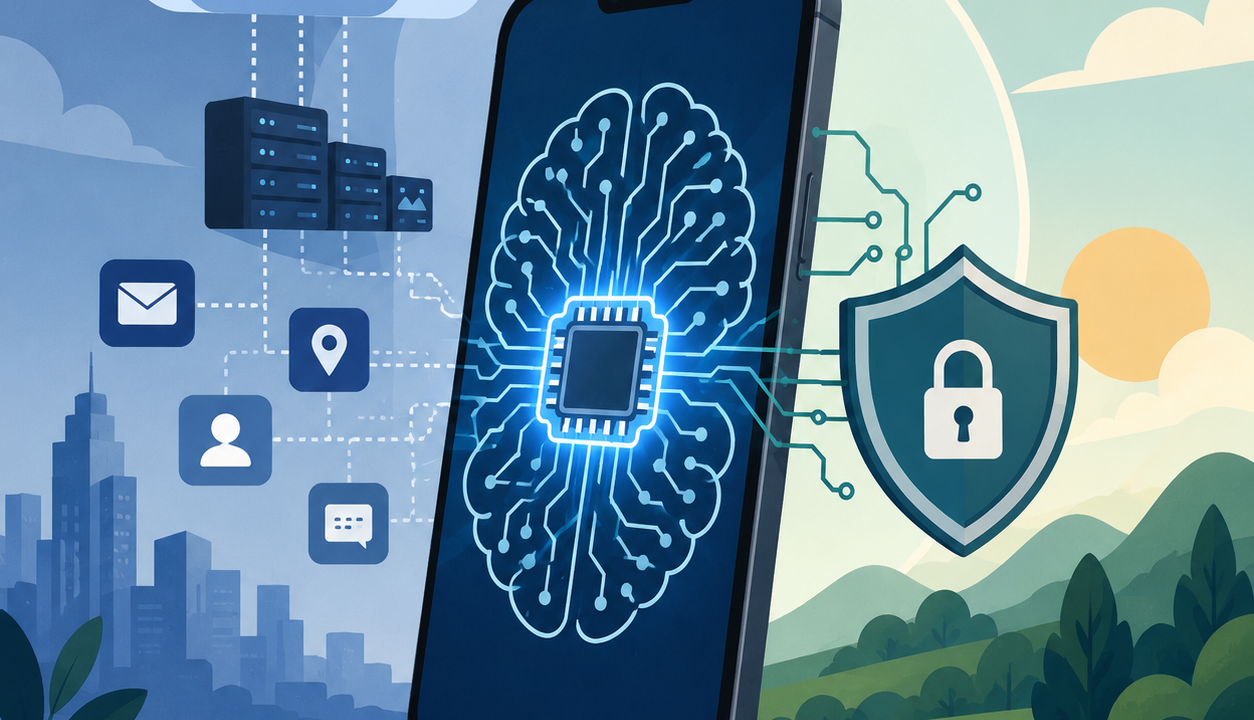 Flat vector illustration of a smartphone performing on-device AI processing with a secure AI chip, privacy shield and cloud computing comparison, representing the shift towards local artificial intelligence.