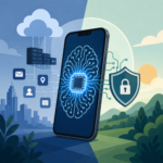Flat vector illustration of a smartphone performing on-device AI processing with a secure AI chip, privacy shield and cloud computing comparison, representing the shift towards local artificial intelligence.