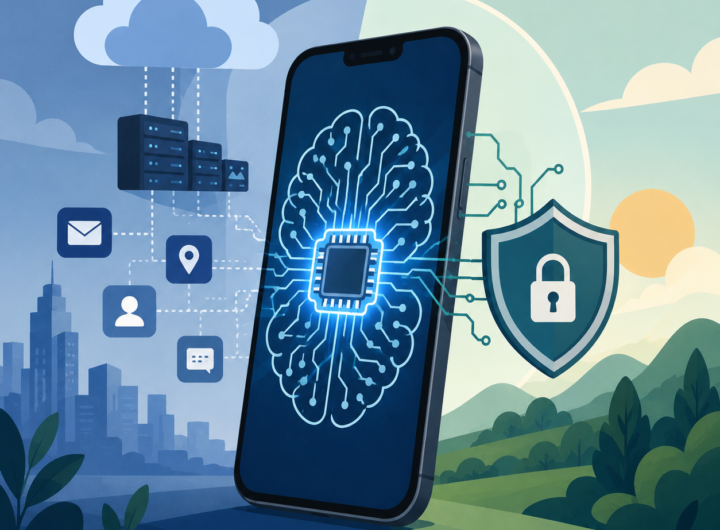 Flat vector illustration of a smartphone performing on-device AI processing with a secure AI chip, privacy shield and cloud computing comparison, representing the shift towards local artificial intelligence.