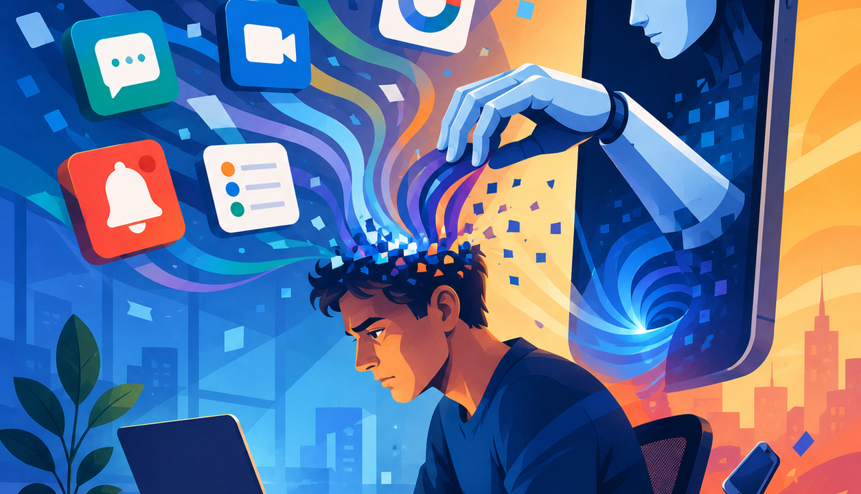 Flat vector editorial illustration showing an office worker surrounded by AI productivity tools and digital notifications while attention is diverted, representing the impact of artificial intelligence on focus, productivity and the attention economy.