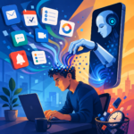 Flat vector editorial illustration showing an office worker surrounded by AI productivity tools and digital notifications while attention is diverted, representing the impact of artificial intelligence on focus, productivity and the attention economy.