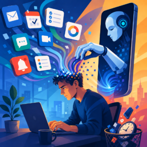 Flat vector editorial illustration showing an office worker surrounded by AI productivity tools and digital notifications while attention is diverted, representing the impact of artificial intelligence on focus, productivity and the attention economy.
