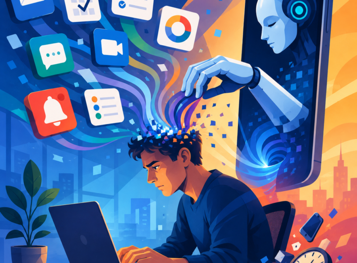 Flat vector editorial illustration showing an office worker surrounded by AI productivity tools and digital notifications while attention is diverted, representing the impact of artificial intelligence on focus, productivity and the attention economy.
