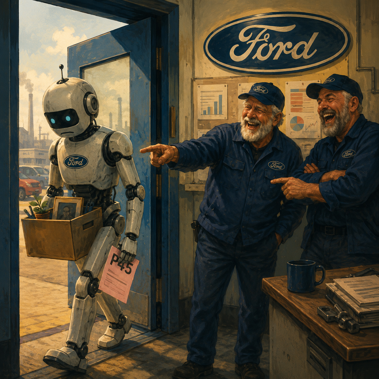 Illustration of a dejected humanoid robot leaving an automotive factory carrying redundancy papers while veteran engineers laugh, symbolising Ford's return to experienced human workers after AI quality control shortcomings.