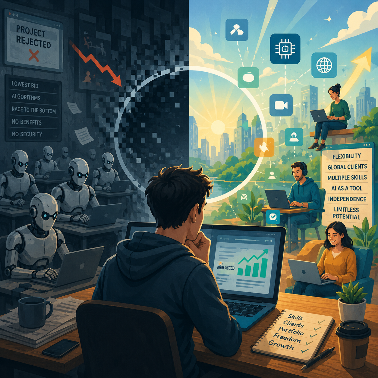 Split-scene illustration showing AI disrupting freelance work on one side while independent professionals use AI tools to build new skills, attract global clients, and adapt to the changing digital economy.
