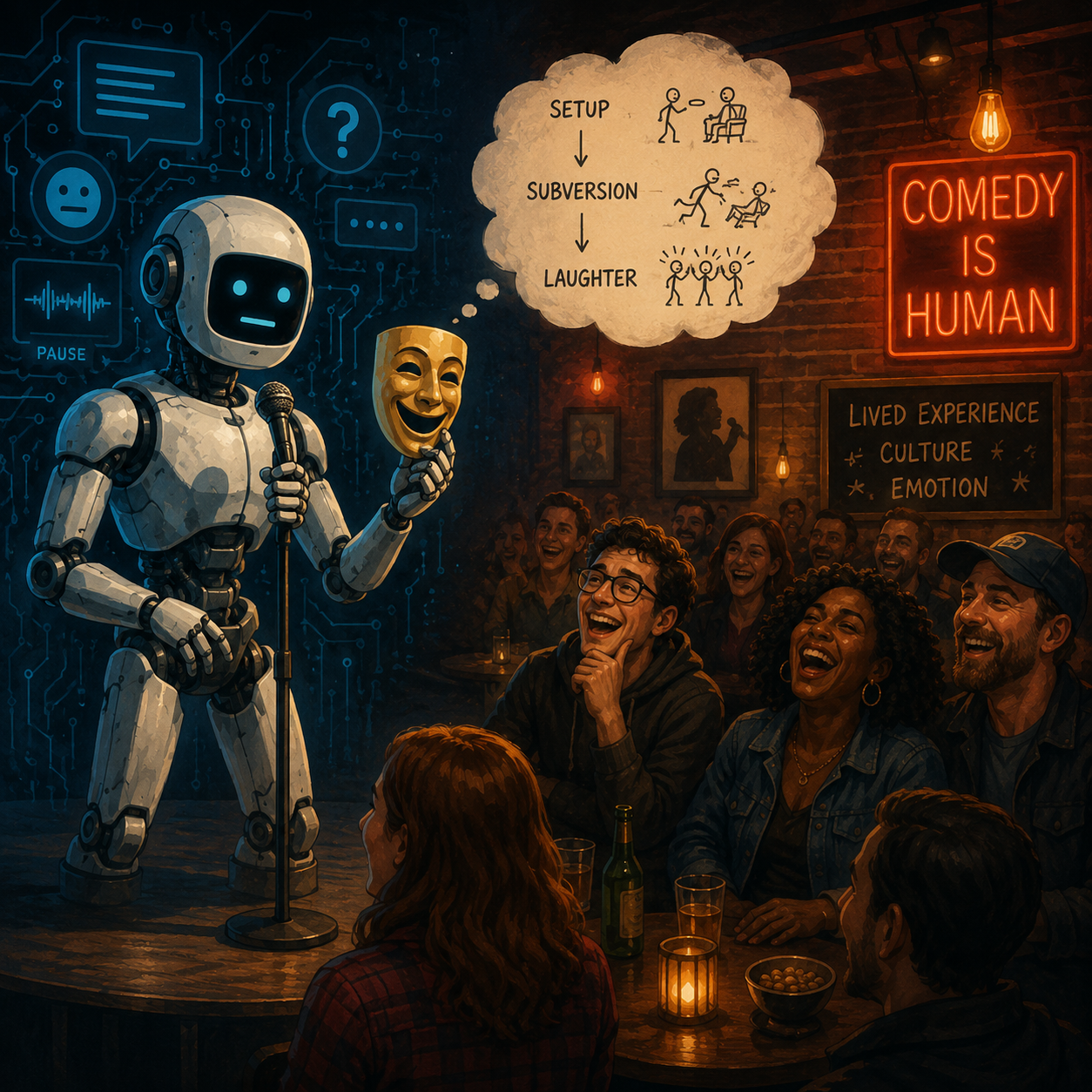 Illustration of a humanoid robot performing stand-up comedy on stage while a human audience laughs, exploring whether artificial intelligence can understand humour, timing, and emotional experience.