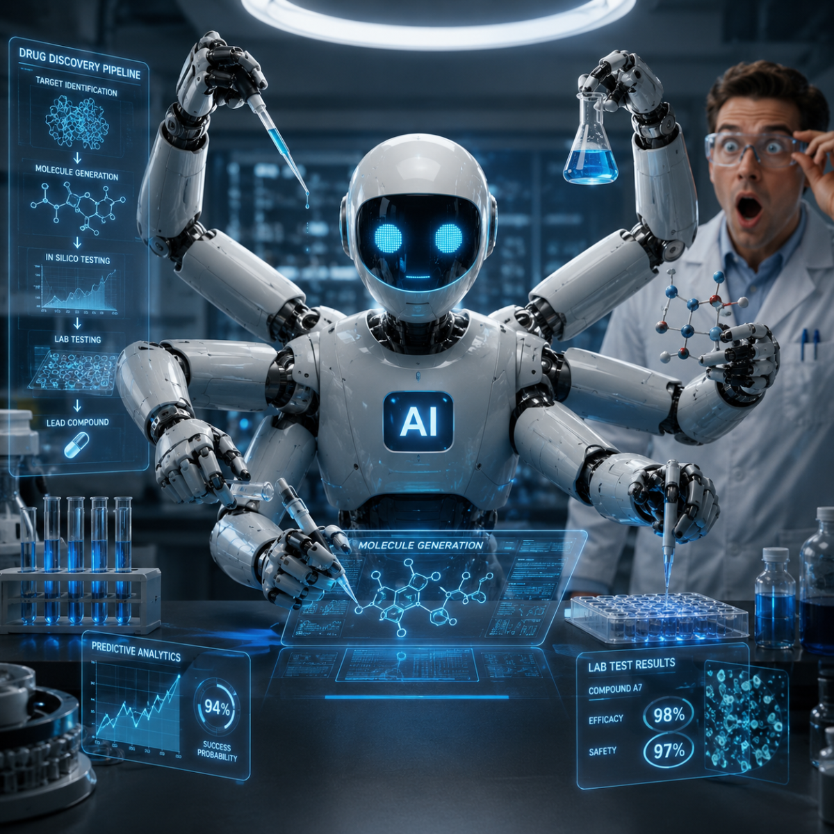 AI and drug discovery illustration showing a compressed laboratory timeline for patients
