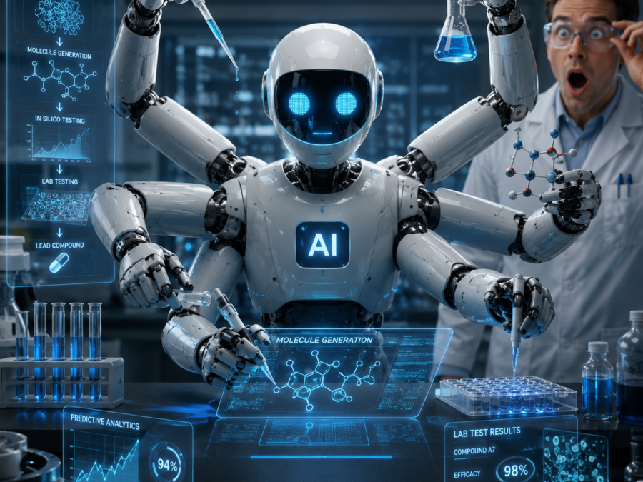 AI and drug discovery illustration showing a compressed laboratory timeline for patients