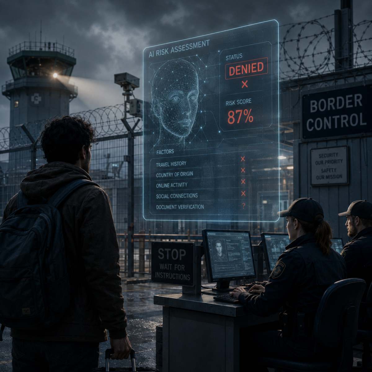 AI at the border illustrated as a checkpoint gate overlaid with an algorithmic scanning grid