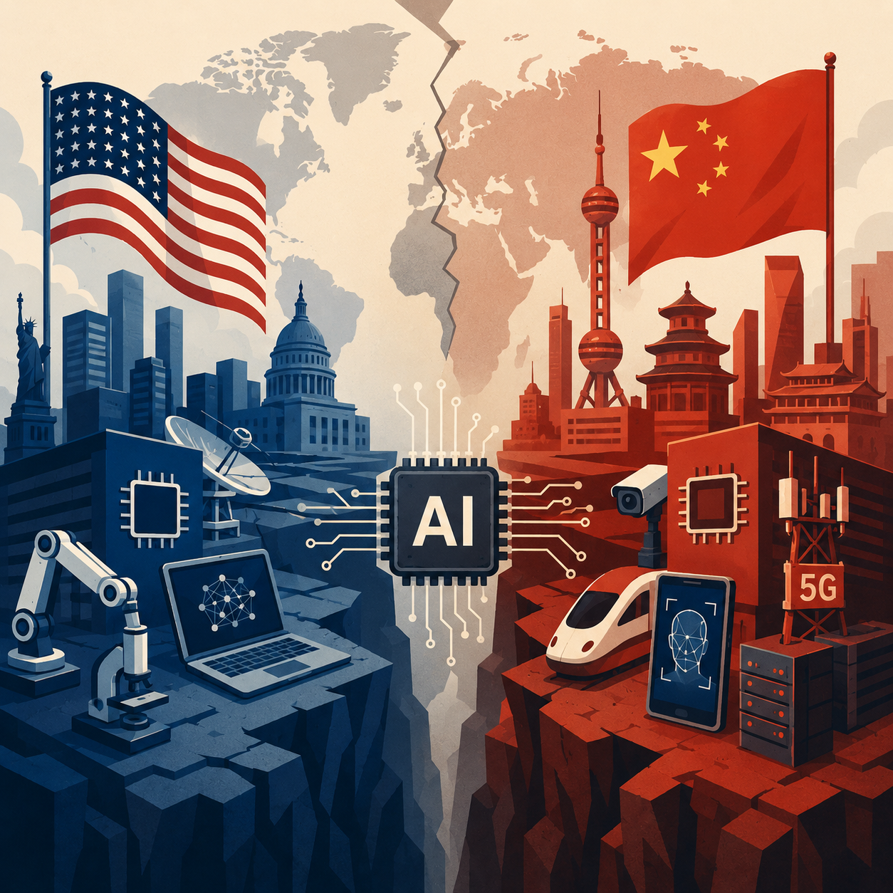 Illustration of a fractured world map split between two AI ecosystems, representing the AI Cold War between the US and China