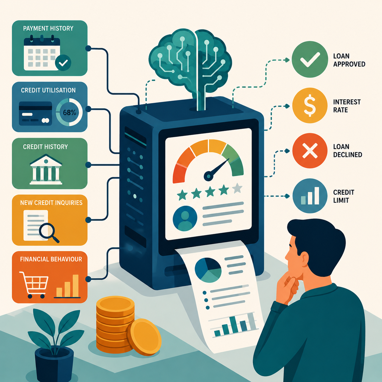 Illustration of a glowing digital score dial analysing streams of personal financial data, representing an AI credit score