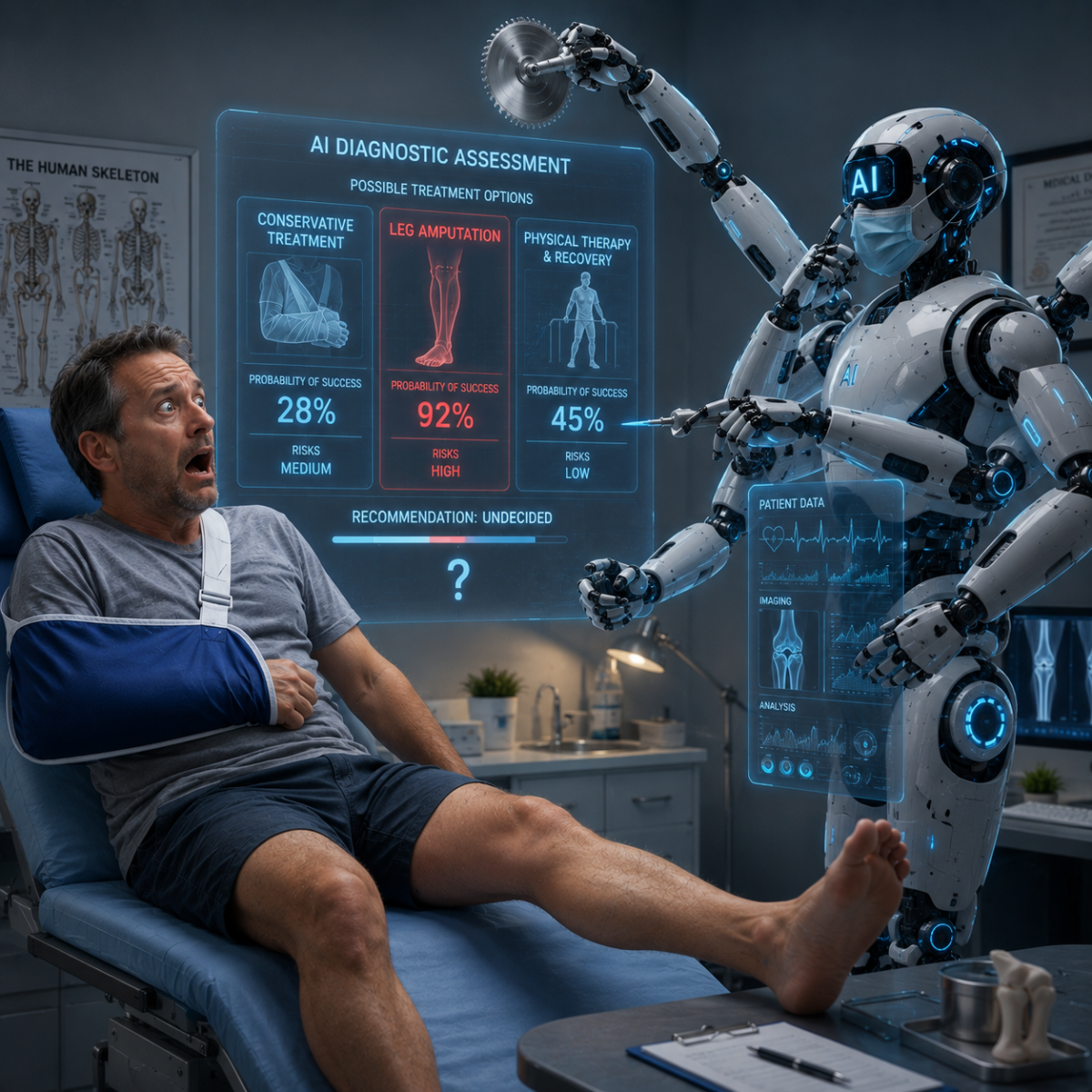 AI doctor dilemma illustration showing algorithmic diagnosis succeeding and failing depending on oversight
