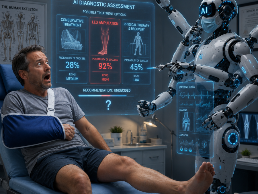 AI doctor dilemma illustration showing algorithmic diagnosis succeeding and failing depending on oversight