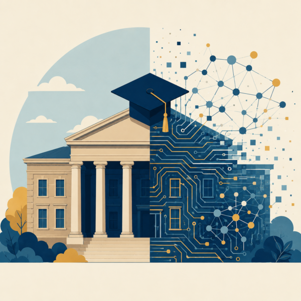 University building transforming into AI network illustrating higher education degree reimagined by artificial intelligence