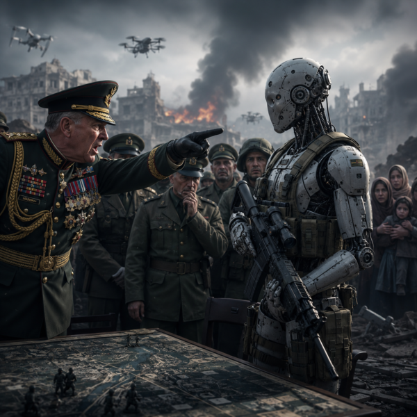 Illustration representing AI military strategy and autonomous weapons ethics debate