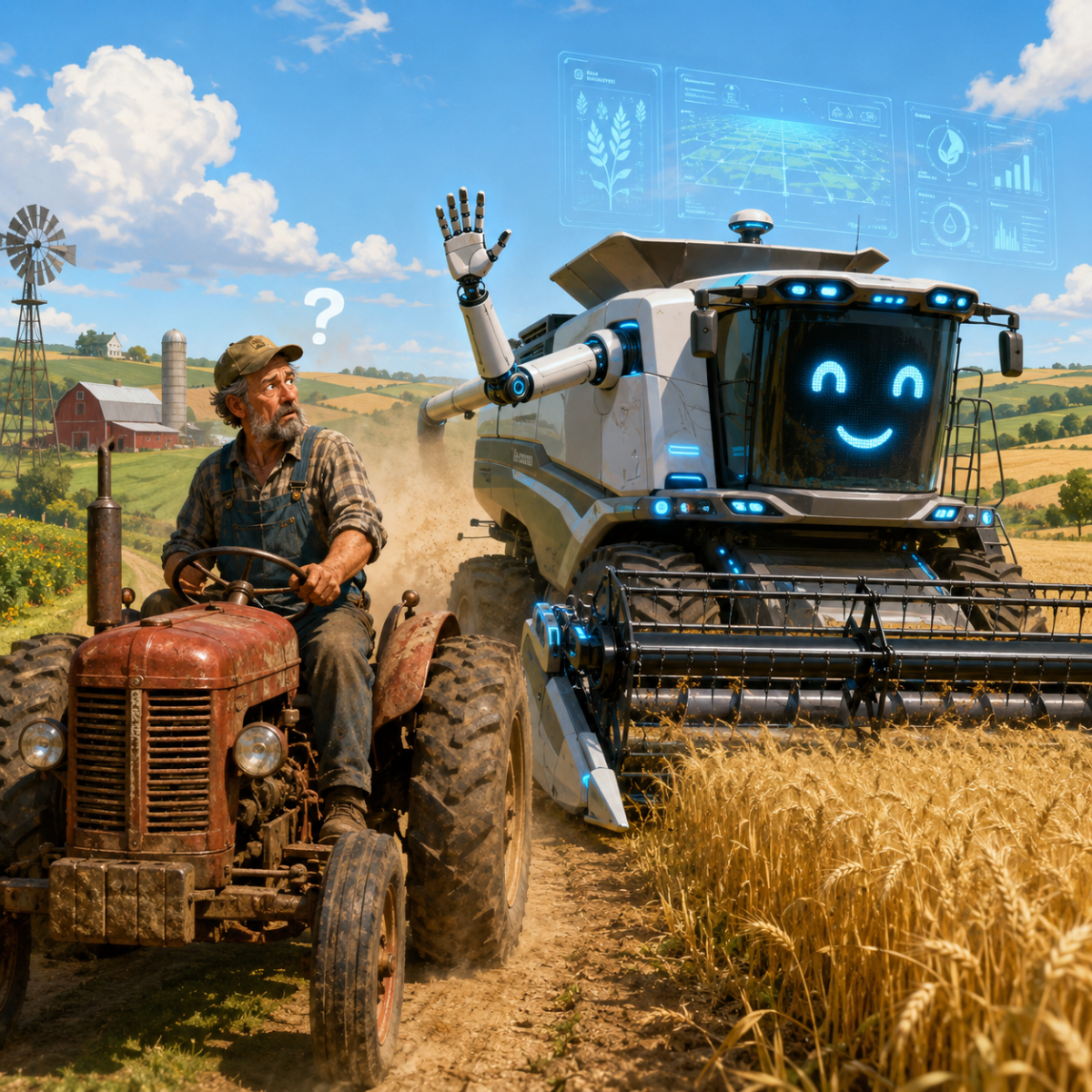 AI precision agriculture field showing drone monitoring and the farm-size adoption gap