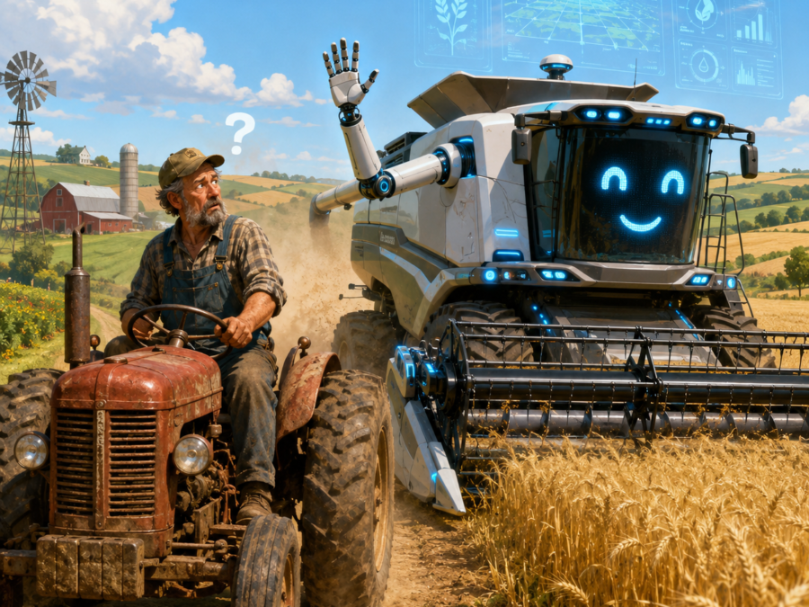 AI precision agriculture field showing drone monitoring and the farm-size adoption gap