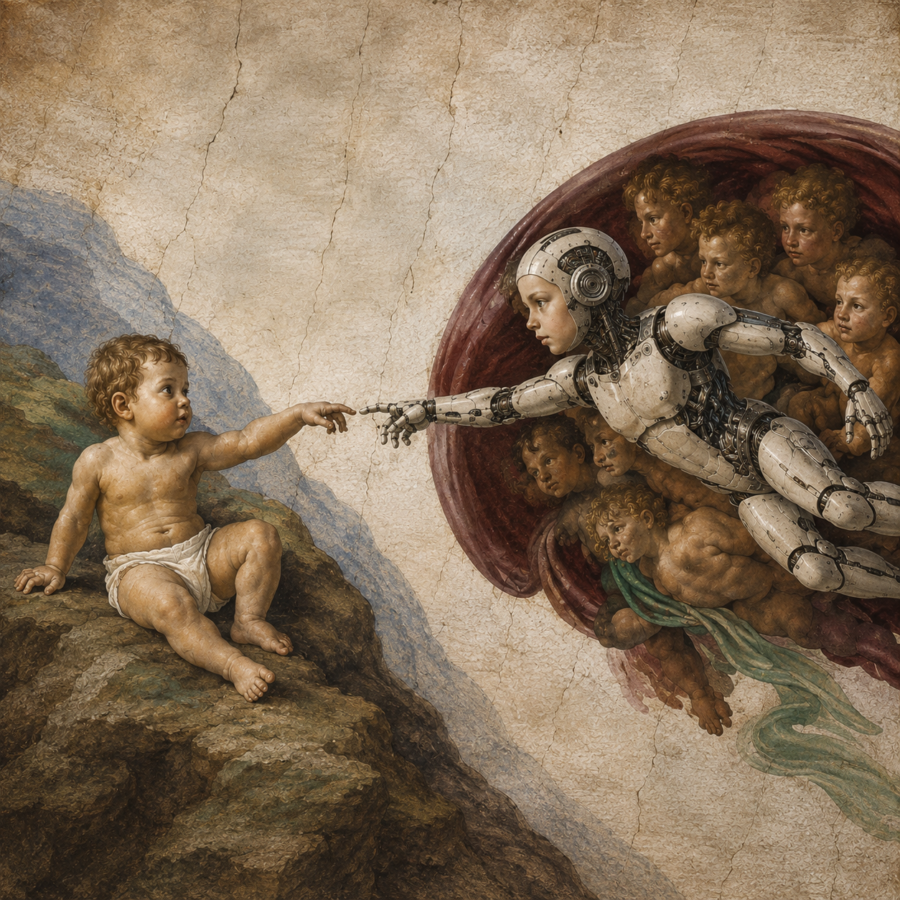 Illustration representing children and AI interacting with a companion toy and screen