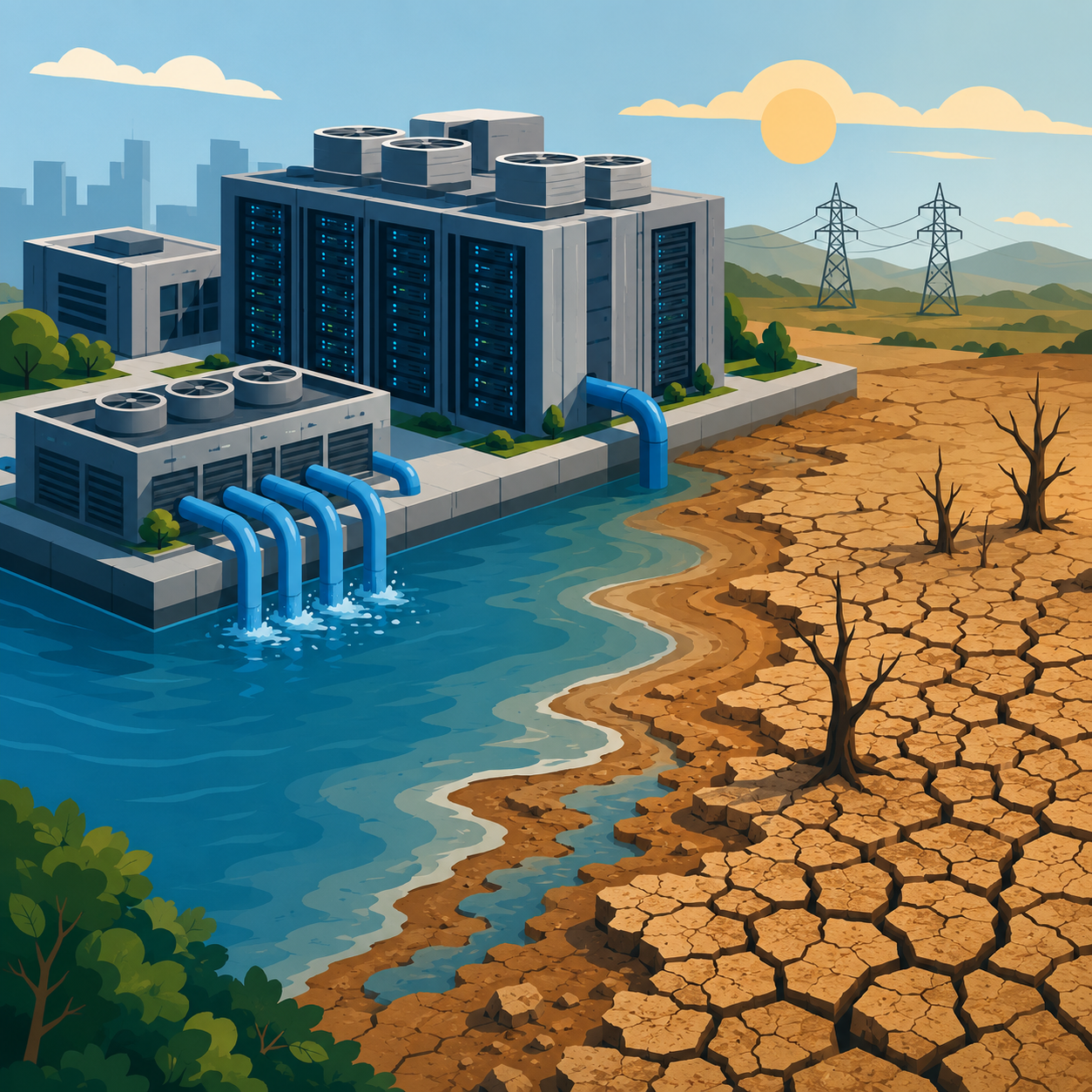 Alt Text: Illustration representing data centre water consumption straining local supplies