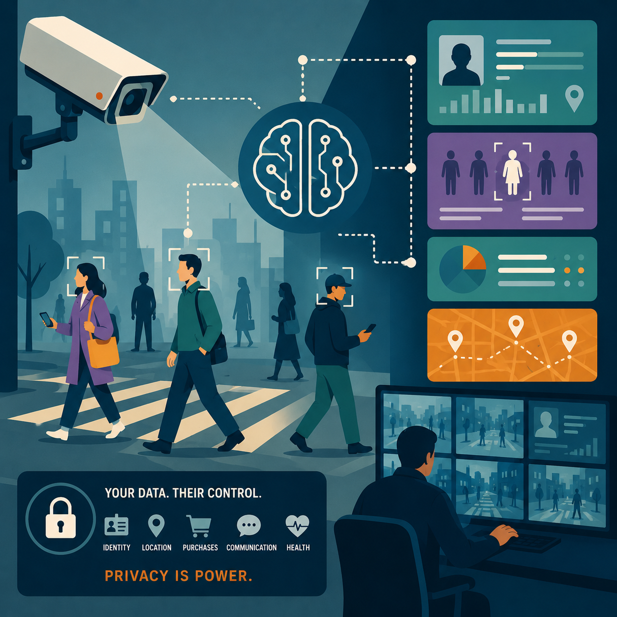 Illustration representing AI surveillance monitoring citizens and data