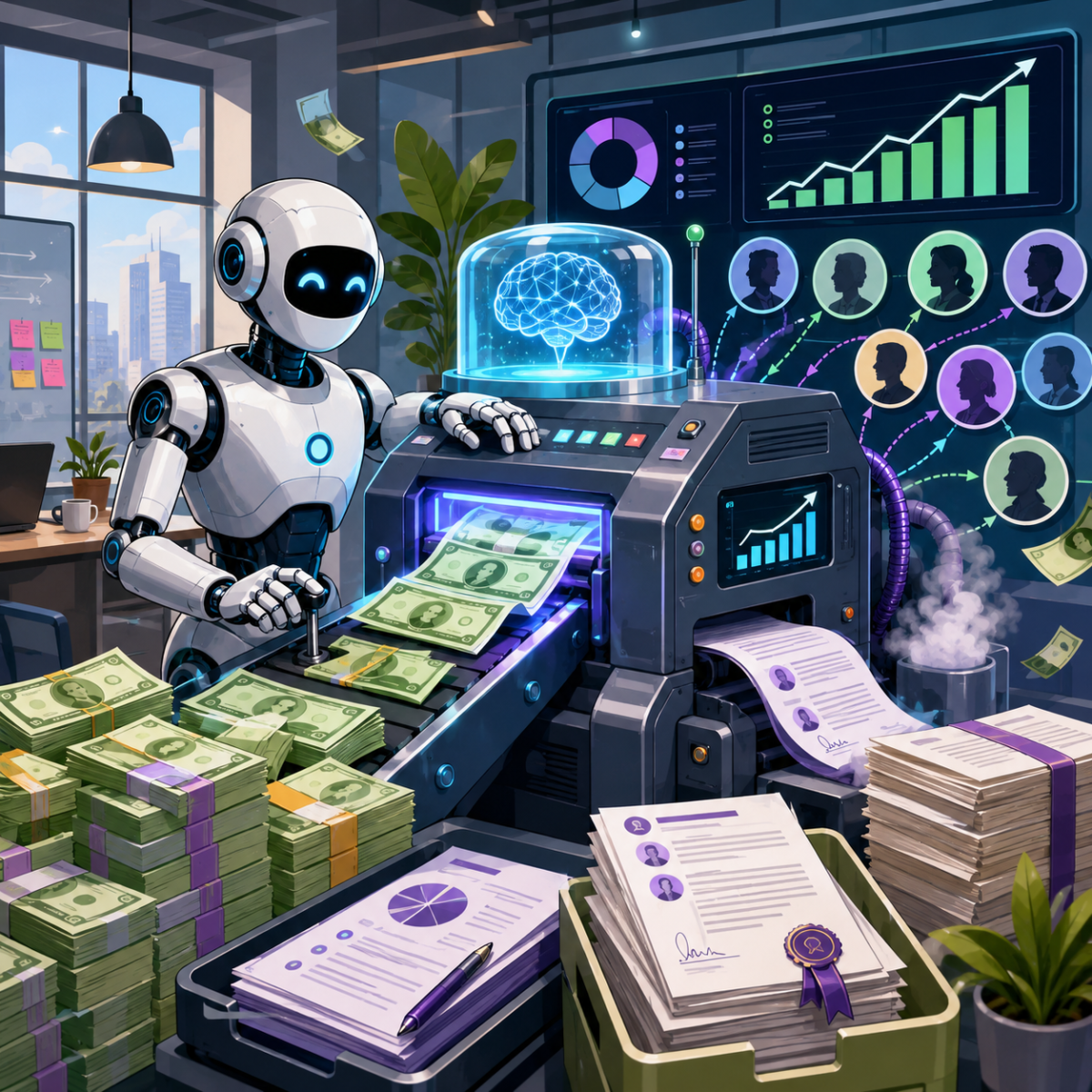AI agent funding round shown as a robotic hand signing investment documents