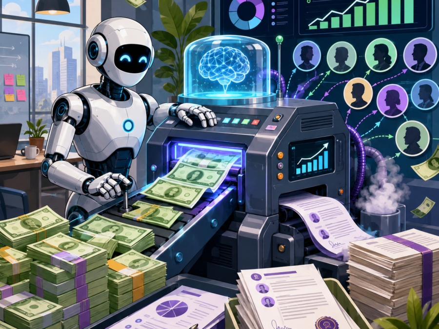 AI agent funding round shown as a robotic hand signing investment documents