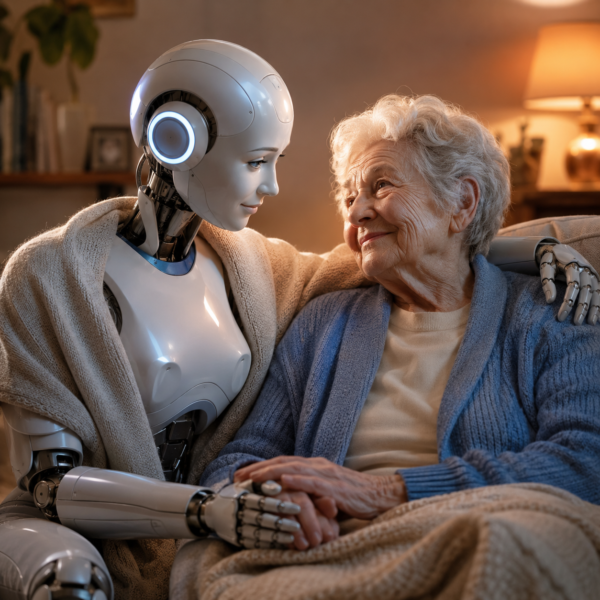 AI companions and loneliness shown as a person alone beside a glowing chat bubble