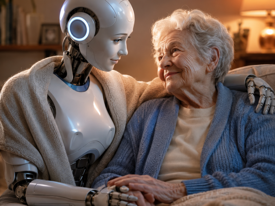 AI companions and loneliness shown as a person alone beside a glowing chat bubble