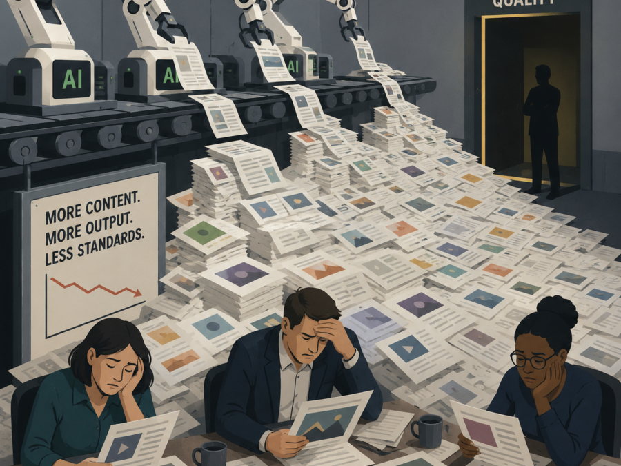 AI content quality collapse editorial standards illustration showing declining content quality