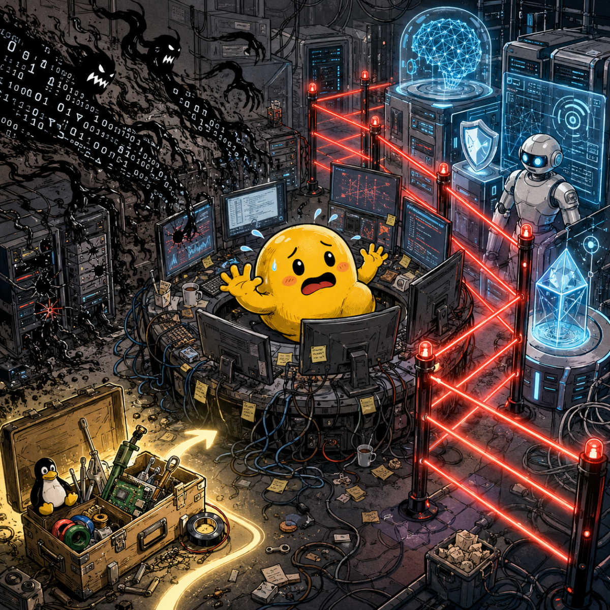 Alt Text: Illustration of a shield being blocked by its own lock while a swarm of AI agents attacks a data centre, representing an AI cyberattack