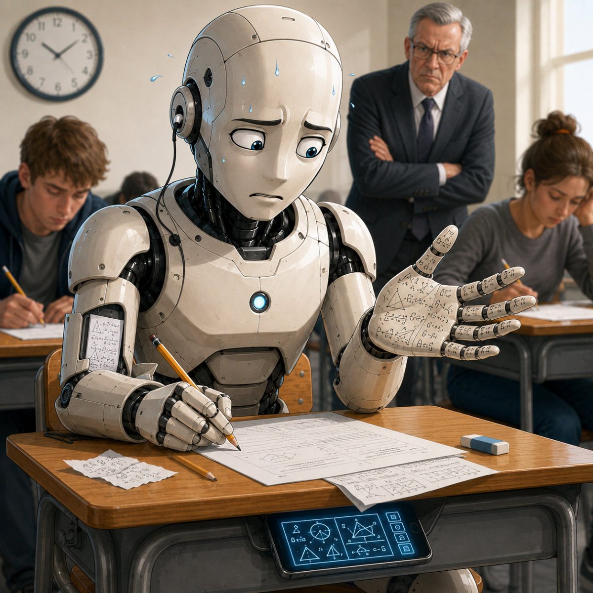 AI exam cheating crisis illustration showing an AI-generated answer blending undetected into an exam hall