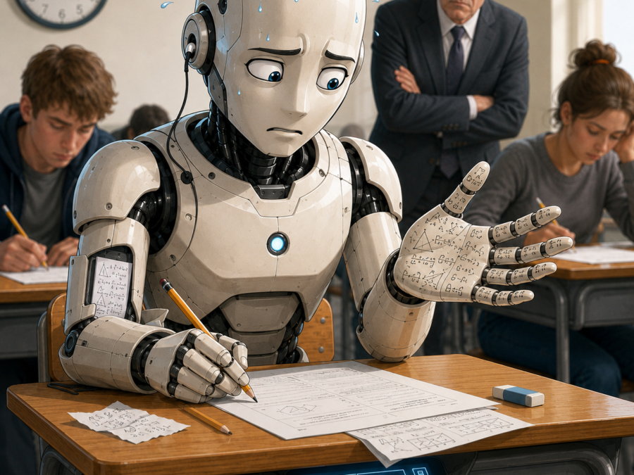 AI exam cheating crisis illustration showing an AI-generated answer blending undetected into an exam hall