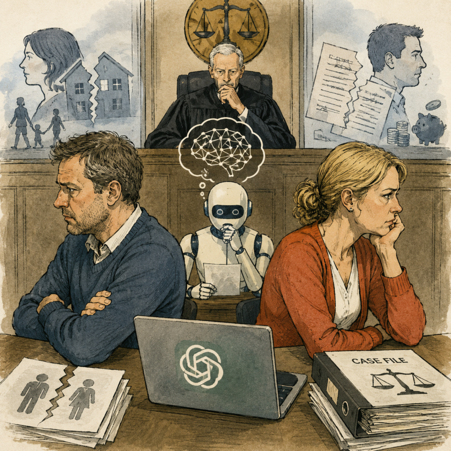 Illustration representing AI in divorce court and family law risks