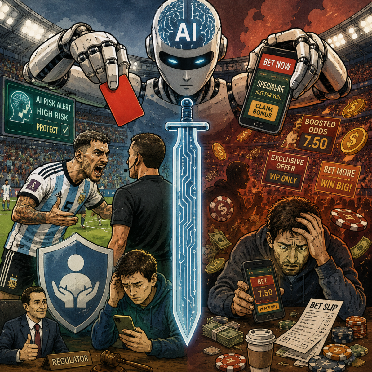 Illustration representing AI in sports betting and responsible gambling risks