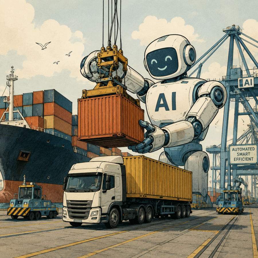 AI port automation directing cranes and containers at a busy shipping terminal
