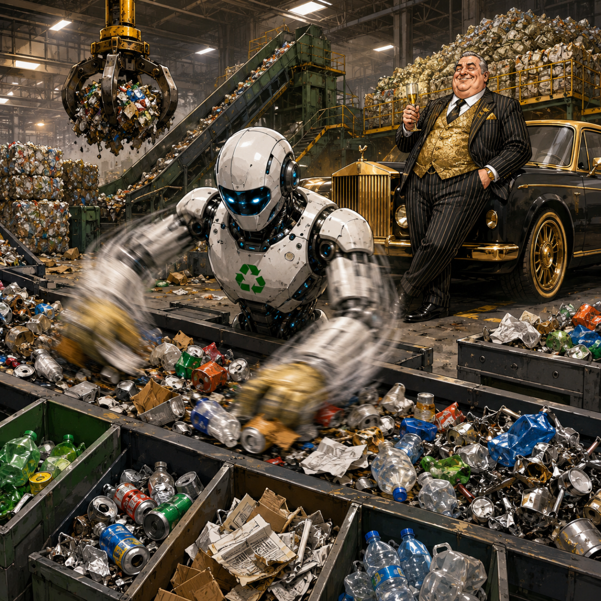 AI robotic sorting arm separating recyclable materials on a conveyor belt