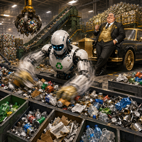 AI robotic sorting arm separating recyclable materials on a conveyor belt