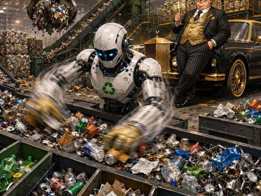 AI robotic sorting arm separating recyclable materials on a conveyor belt
