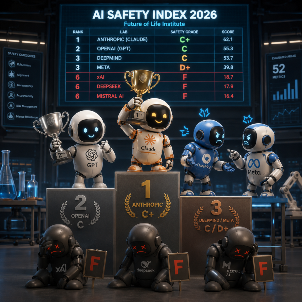 AI Safety Index 2026 illustration showing a report card graded C+ for the top AI lab