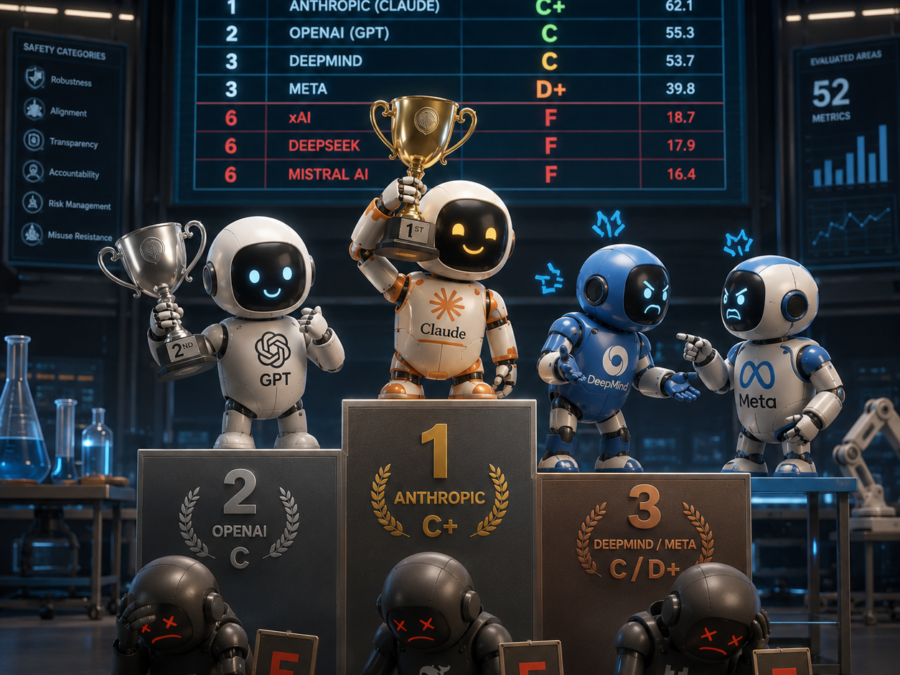 AI Safety Index 2026 illustration showing a report card graded C+ for the top AI lab