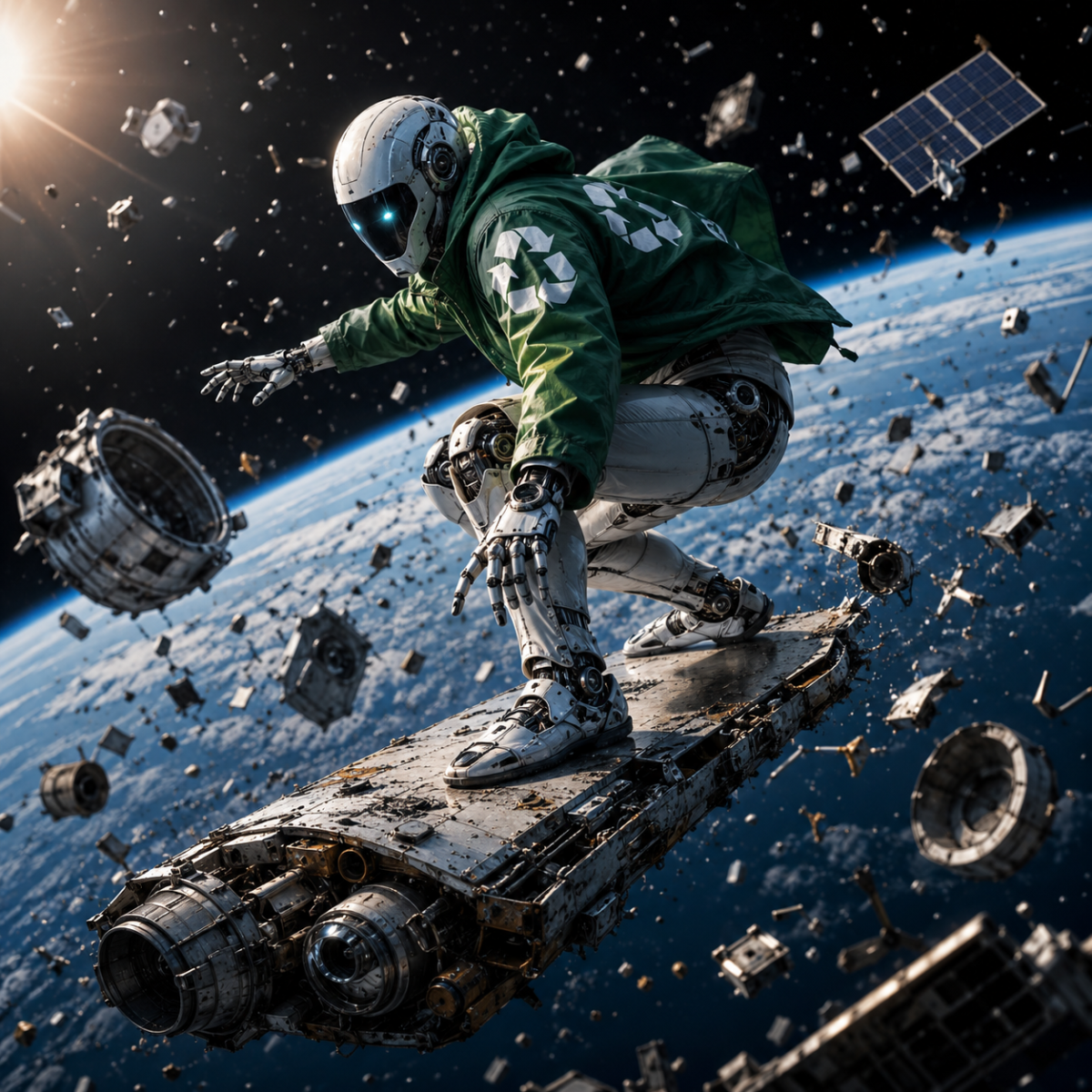 AI space debris tracking illustration showing a satellite navigating orbital debris