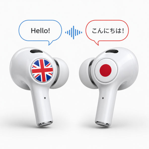 AI translation earbuds translating a live conversation between two travellers