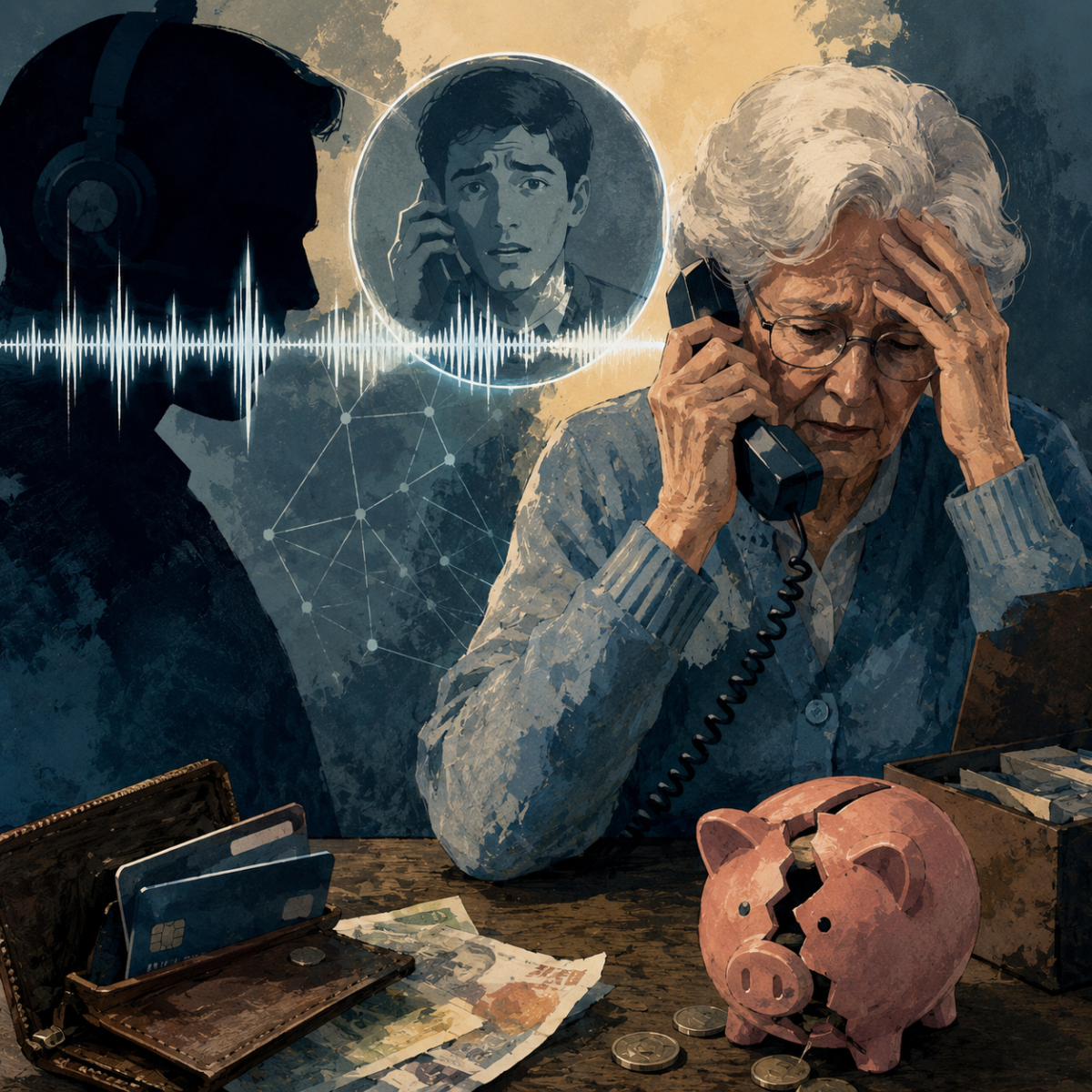 AI voice cloning scams illustrated as a cloned voice on a phone call to an older adult