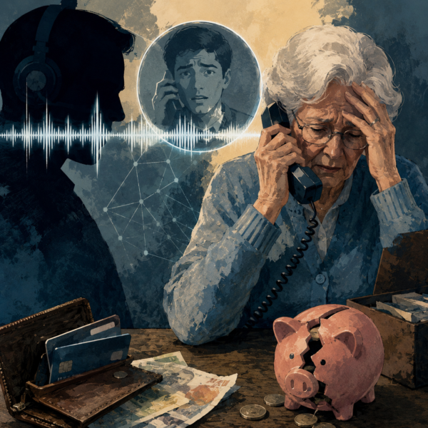 AI voice cloning scams illustrated as a cloned voice on a phone call to an older adult