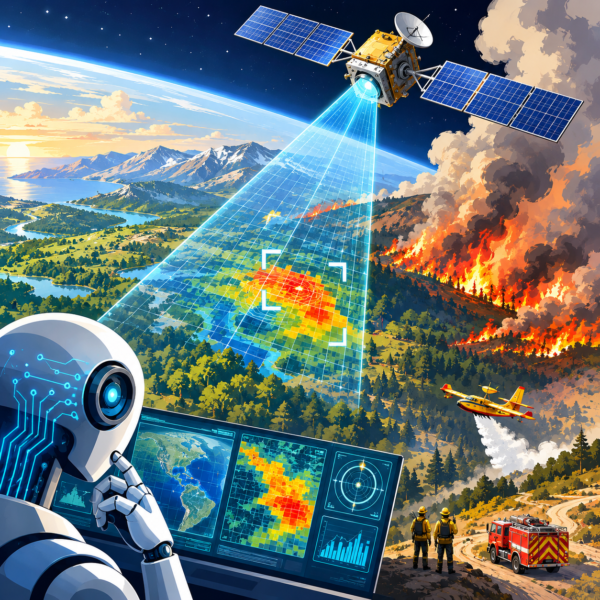 AI wildfire detection satellite spotting an early-stage forest fire from orbit