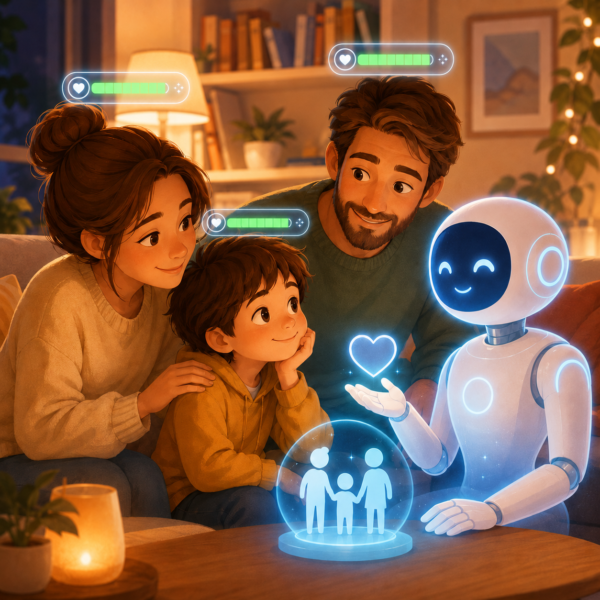 ChatGPT and families gathered around a shared device illustrating generational AI use